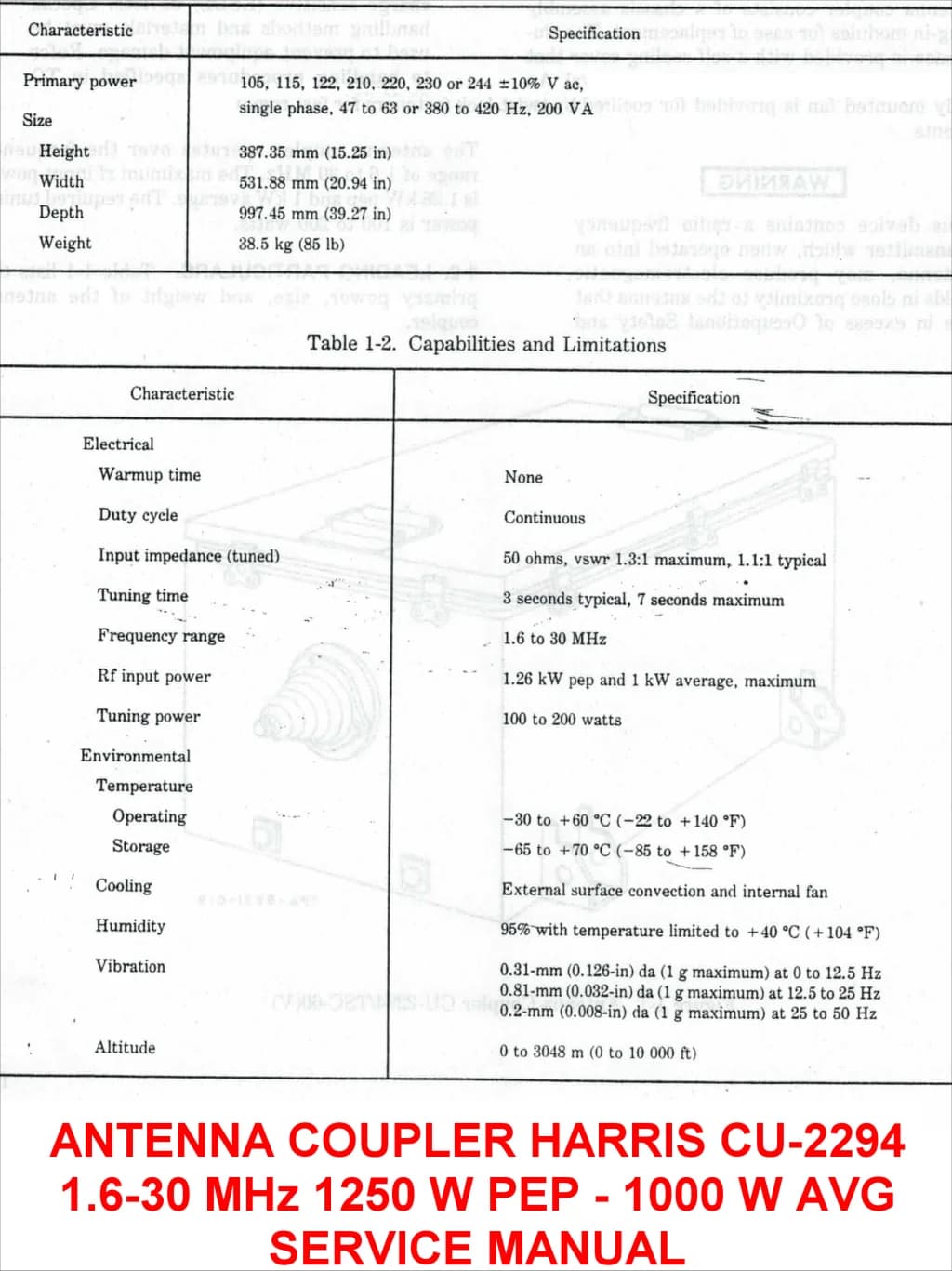Manuale per accoppiatore automatico HARRIS CU-2294 da 1,25 kW, 1,6-30 MHz